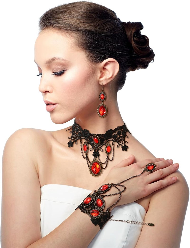 ELLEZZA Gothic Victorian Style Vampire Choker Necklace Bracelet Earrings Set,Halloween Pirate Steampunk Witch Vampire Costume Accessories Jewelry for Women,Adjustable Size - Image 2